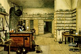 Michael Faraday in his laboratory. c. 1850s