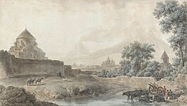 A 1783 watercolor of the churches of Etchmiadzin with Ararat by Mikhail Matveevich Ivanov.[189][190][p]