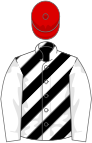 Black and white diagonal stripes, white sleeves, red cap
