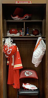 Mahomes' locker, filled with gear
