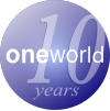 A round blue orb with the text "10 years" printed behind the word Oneworld as a watermark