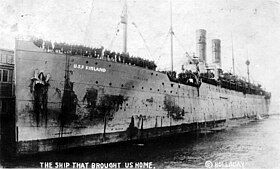 USS Finland (ID-4543) arrives at Newport News, Virginia, with returning U.S. troops in 1919.