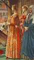 The Visitation (detail), c. 1488, by Domenico Ghirlandaio. A full-length image of Giovanna Tornabuoni wearing a gamurra and giornea.