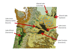 Figure showing topographic maps of Washington and northern Oregon with the lowlands flooded by the Missoula Floods marked.