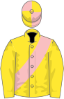 Yellow, pink sash, pink and yellow quartered cap