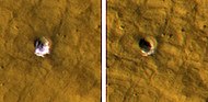 Two pictures from HiRISE showing how ice disappeared over time in a crater. The crater on the left is before ice disappeared. The crater is 6 meters in diameter and located in Cebrenia quadrangle.