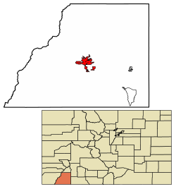 Location of the City of Durango in La Plata County, Colorado
