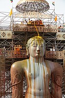 Gommateshwara statue during the Grand Consecration Mahamastakabhisheka in August 2018 at Shravanabelagola, Karnataka. Mahamastakabhisheka is held every 12 years and it is considered Jainism's one of the most auspicious festival or celebration.