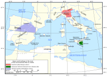 a map of the western Mediterranean region showing the territory controlled by Rome and Carthage in 218 BC
