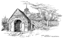 Black and white sketch of the churchyard's gate, which shows the carved stones of the former shrine incorporated into it.