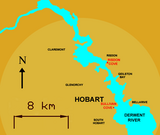 Yellow map showing the position of a blue river.