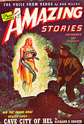 Shaver's run of Amazing cover stories continued in September 1945 with "Cave City of Hel"