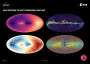 Four maps of the galaxy: radial velocity (top left), proper motion (bottom left); interstellar dust (top right); and metallicity (bottom right).[112]