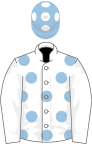White, light blue spots, white sleeves, light blue cap, white spots