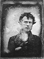 A daguerreotype of Robert Cornelius in 1839. The oldest surviving photographic self-portrait