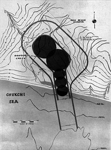 A map, showing the Chukchi Sea, with a dark spot showing where Project Chariot would have had nuclear bombs detonated to form a bay.