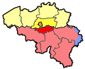 Image 35Map showing the division of Brabant into Flemish Brabant (yellow), Walloon Brabant (red) and the Brussels-Capital Region (orange) in 1995 (from History of Belgium)