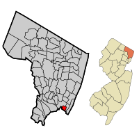 Location of Fairview in Bergen County highlighted in red (left). Inset map: Location of Bergen County in New Jersey highlighted in orange (right).