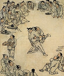 Pen-and-ink drawing of wrestlers and spectators