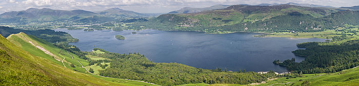 A panoramic view of Derwent Water as viewed from the summit of Catbells on the western side.