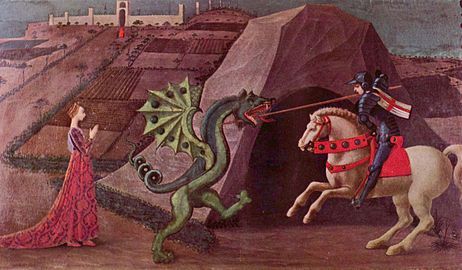 Saint George and the Dragon, by Paolo Uccello (1456–60). He wears the Saint George's Cross as a cape, which was also the banner of Milan.