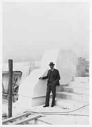 Walter Seymour Allward himself shown with blocks ready for carving