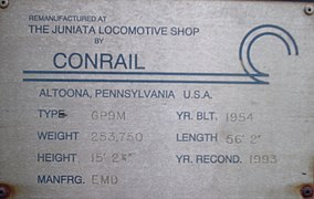 A plate Conrail on USAX 4635, a GP16 at Fort Eustis, Virginia, when remanufactured in 1993
