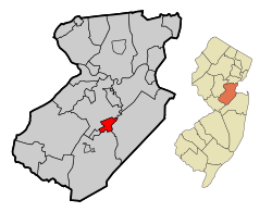 Location of Spotswood in Middlesex County highlighted in red (left). Inset map: Location of Middlesex County in New Jersey highlighted in orange (right).