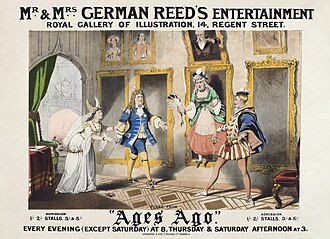 illustration from theatre poster, showing four characters in costumes from different periods of English history; they are portraits from a picture gallery come to life, and the two male ones are squaring up for a sword fight with each other; the two women try to restrain them