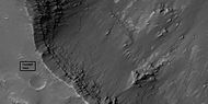 Close view of layers from a previous image, as seen by HiRISE under HiWish program Box shows the size of football field.