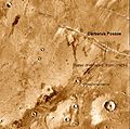 Athabasca Valles showing source of its water, Cerberus Fossae. Note streamlined islands which show direction of flow to south. Athabasca Valles is in the Elysium quadrangle.