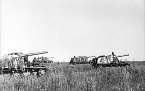 A battery of Hummel howitzers in field position, Eastern Front, June – July 1943