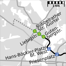 Map of the tunnel from Friesenplatz to Gutenbergstraße