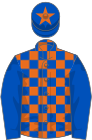 Royal blue and orange check, royal blue sleeves, orange star on cap