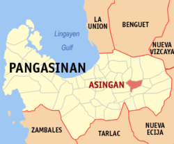 Map of Pangasinan with Asingan highlighted