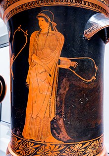 Red-figure vase painting of a woman holding a barbitos. On the left, a bearded man with a barbitos is partially visible.
