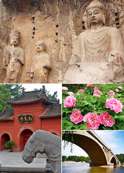 Top: Longmen Grottoes, Bottom left: White Horse Temple, Bottom right: Paeonia suffruticosa in Luoyang and Longmen Bridge