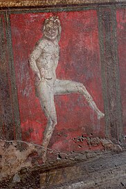 A satyr dancing. A fresco from the cubiculum in the Villa of the Mysteries. From Pompeii. Date: 80 to 70 BCE [69]