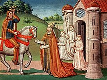 Painting of Charlemagne, on horseback, being received by Pope Adrian I
