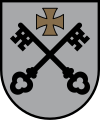 Argent two keys sable saltirewise under a cross pattée or (Lesser coat of arms of Riga, Latvia)