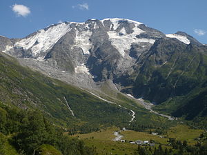 The Dômes with Chalets de Miage in the foreground.
