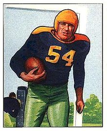 Craig's 1950 Bowman trading card, showing a stylized image of Craig in unifrm rushing the football