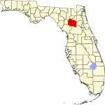 A state map highlighting Alachua County in the corner part of the state. It is medium in size.