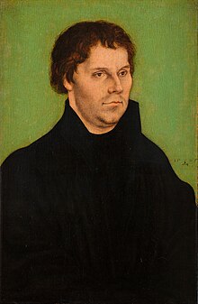 Portrait of the Protestant Reformer Martin Luther, dressed in black, with green background
