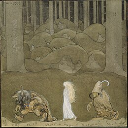 John Bauer's 1913 illustration The Princess and the Trolls, depicting a changeling and two trolls.