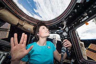 On February 28, 2015, European Space Agency astronaut Samantha Cristoforetti tweeted this photo in a final salute to Leonard Nimoy. Her tee shirt is adorned with a Starfleet insignia.