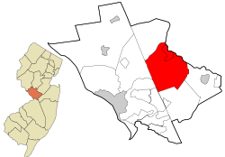 Location of West Windsor in Mercer County highlighted in red (right). Inset map: Location of Mercer County in New Jersey highlighted in orange (left).