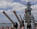 The unadorned tampions of the 16-inch guns on the US battleship, USS Missouri in 2002