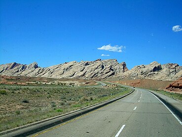 Approach to the San Rafael Reef's eastern end, from Interstate 70, which crosses through the Reef onto the San Rafael Swell, east-to-west looking.
