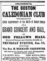 Advertisement for Caledonian Club event at Odd Fellows Hall, 1883